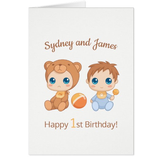Baby Boy Twins First Birthday Names Card (Voorkant)