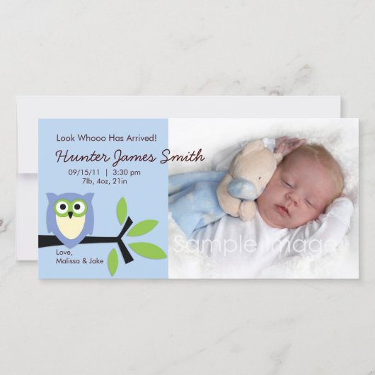 Baby Boy Uil Theme Geboorteaankondiging Fotokaart Aankondiging (Voorkant)
