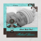 Baby Boy Uitnodiging Aankondiging Cake Poppen Blue (Voorkant / Achterkant)