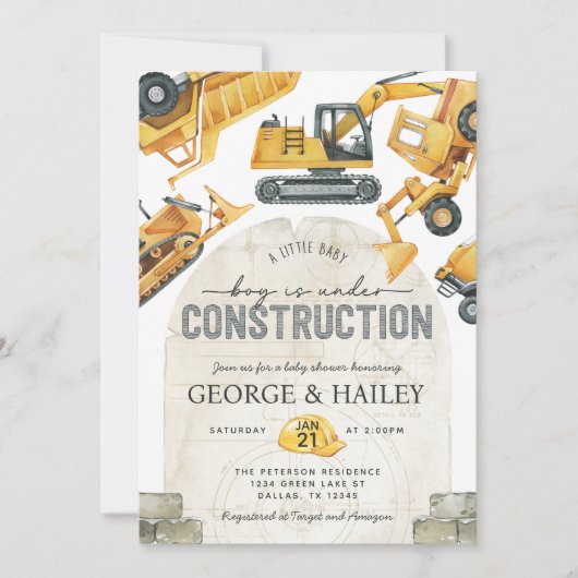 Baby Boy under Construction Dump Truck Baby shower Kaart (Voorkant)
