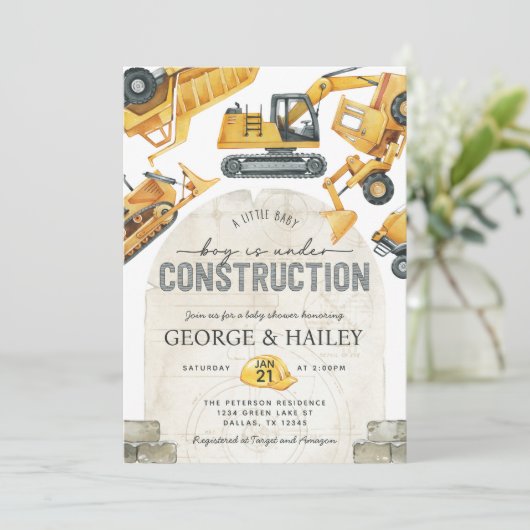 Baby Boy under Construction Dump Truck Baby shower Kaart (Staand voorkant)