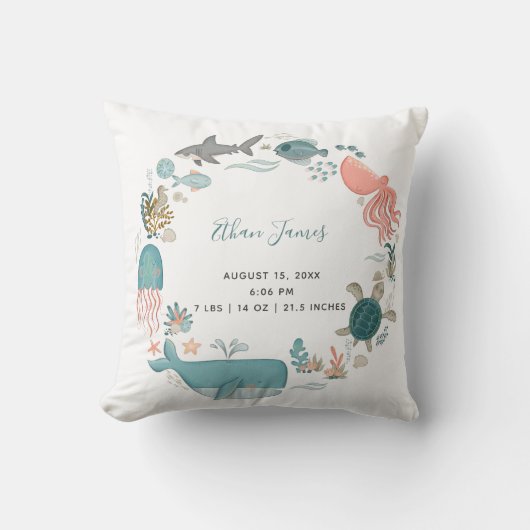 Baby Boy under the Zee Birth Stats Keepomwille Kussen (Voorkant)