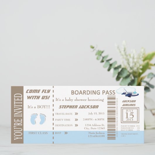 Baby Boy Vlight Ticket Uitnodiging  (Staand voorkant)