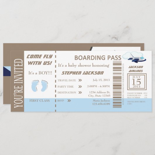 Baby Boy Vlight Ticket Uitnodiging  (Voorkant / Achterkant)