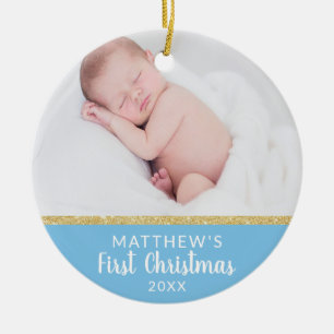 Baby Boy voor eerste kerstmis Blauw   Bericht + FO Keramisch Ornament