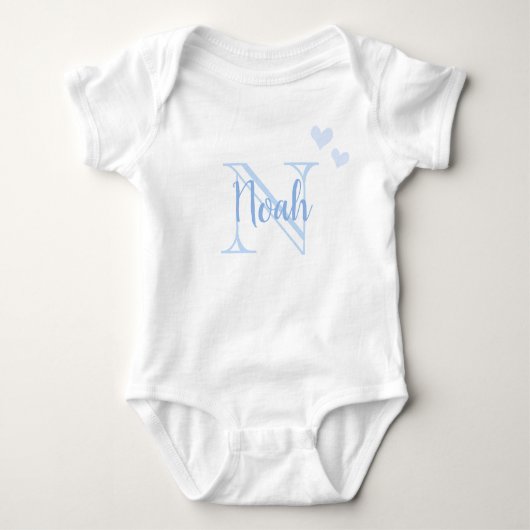 Baby Boy Voornaam Blauw Monogram Hart Romper (Voorkant)
