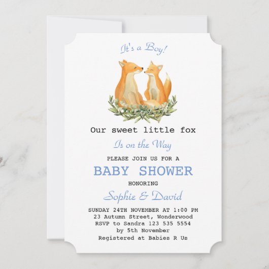 Baby Boy Waterverf Fox Woodland Baby shower Kaart (Voorkant)