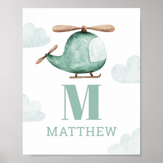 Baby Boy Waterverf Helikopter | Monogram kinderkam Poster (Voorkant)