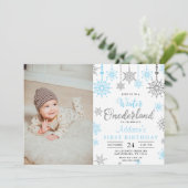 Baby Boy Winter ONEderland First Birthday Photo Kaart (Staand voorkant)