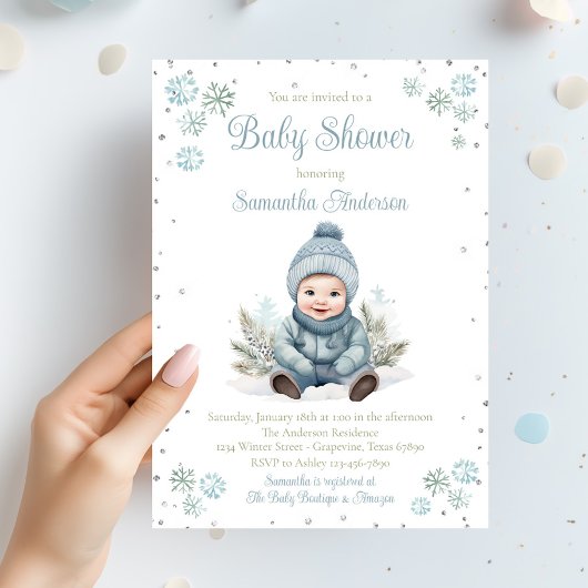 Baby Boy Winter Snowflake Baby shower Kaart