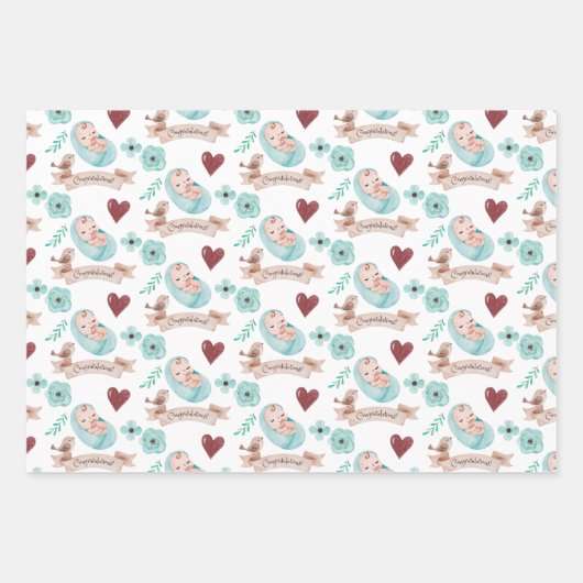Baby Boy Wrapping Paper Flat Sheet Set van 3 (Voorkant 2)