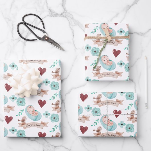 Baby Boy Wrapping Paper Flat Sheet Set van 3 (Voorkant)