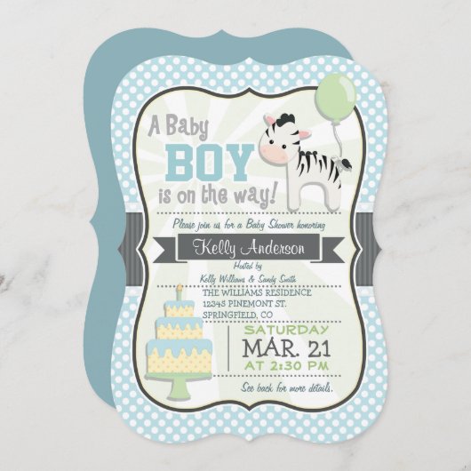 Baby Boy Zebra, Pastel Baby shower Uitnodigen Kaart (Voorkant / Achterkant)