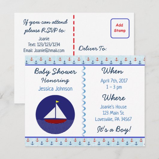 Baby Boy Zeilboot Blauw Baby shower Uitnodiging (Voorkant / Achterkant)