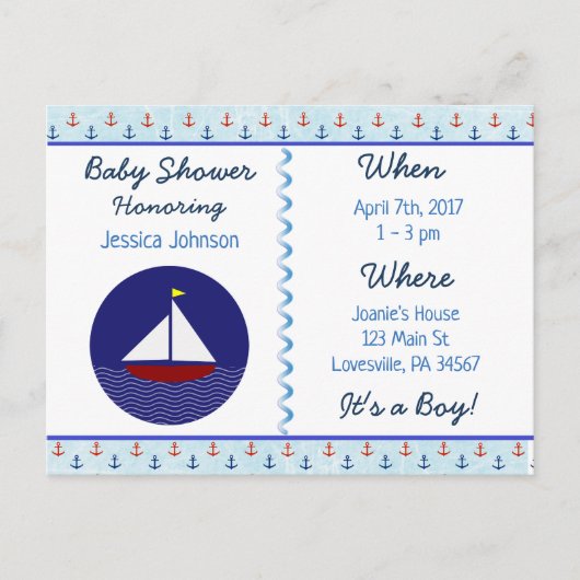 Baby Boy Zeilboot Blauw Baby shower Uitnodiging (Voorkant)