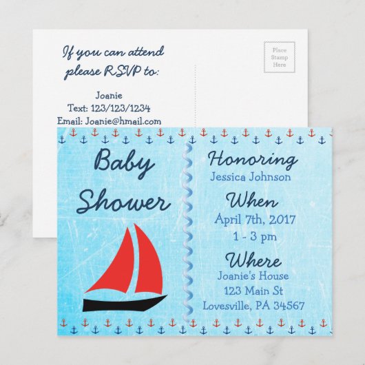 Baby Boy Zeilboot Blauw Baby shower Uitnodiging (Voorkant / Achterkant)