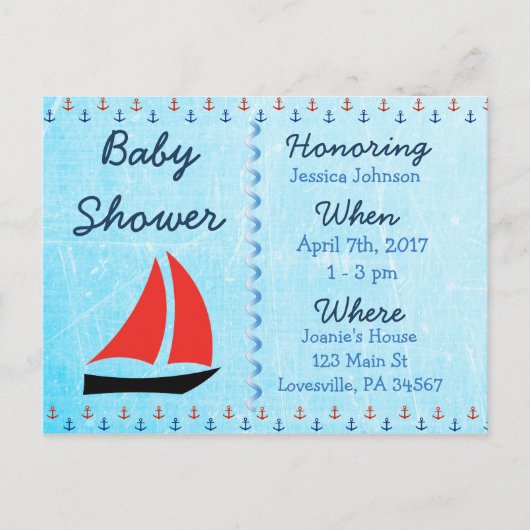 Baby Boy Zeilboot Blauw Baby shower Uitnodiging (Voorkant)