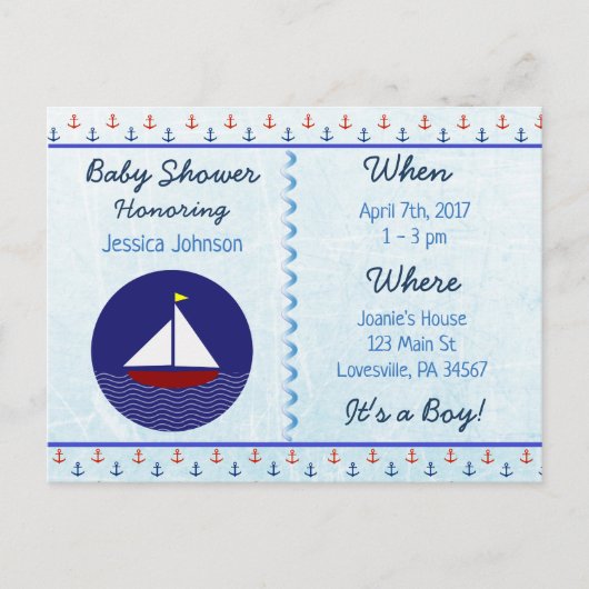 Baby Boy Zeilboot Blauw Baby shower Uitnodiging (Voorkant)