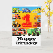 Baby Boy's 1e Verjaardag Bouwwagen Kaart (Gele Bloem)