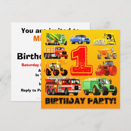 Baby Boy's 1st Birthday Construction Truck Party Kaart (Voorkant / Achterkant)