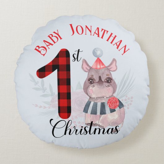 Baby Boy's 1st Christmas Schattige Rhino Santa Hoe Rond Kussen (Voorkant)