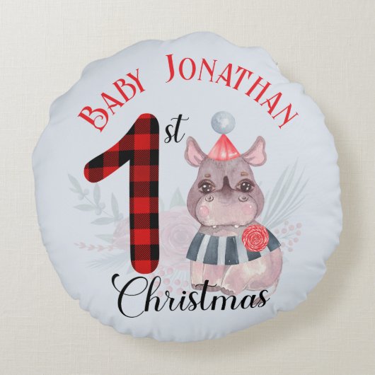 Baby Boy's 1st Christmas Schattige Rhino Santa Hoe Rond Kussen (Achterkant)