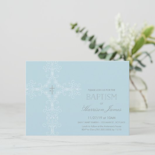 Baby Boy's Baptism Uitnodiging met Kruis, Initiale (Staand voorkant)