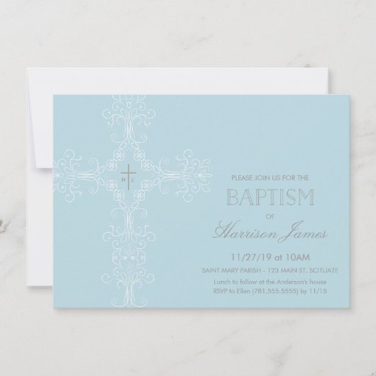 Baby Boy's Baptism Uitnodiging met Kruis, Initiale (Voorkant)