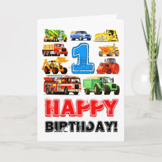 Baby Boy's Big Trucks 1st Birthday Kaart (Voorkant)