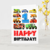 Baby Boy's Big Trucks 1st Birthday Kaart (Gele Bloem)