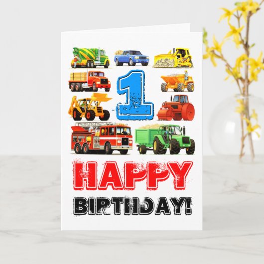 Baby Boy's Big Trucks 1st Birthday Kaart (Gele Bloem)