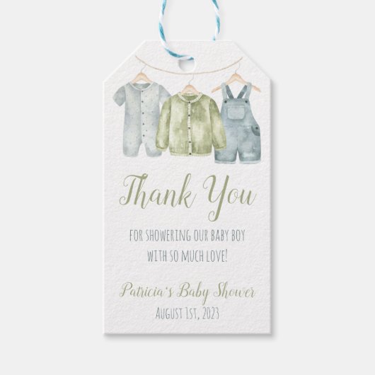 Baby Boy's Clothes, Clothesline Baby shower Favor Cadeaulabel (Voorkant)