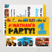 Baby Boy's Construction Trucks 1e verjaardagsfeest Kaart (Voorkant / Achterkant)