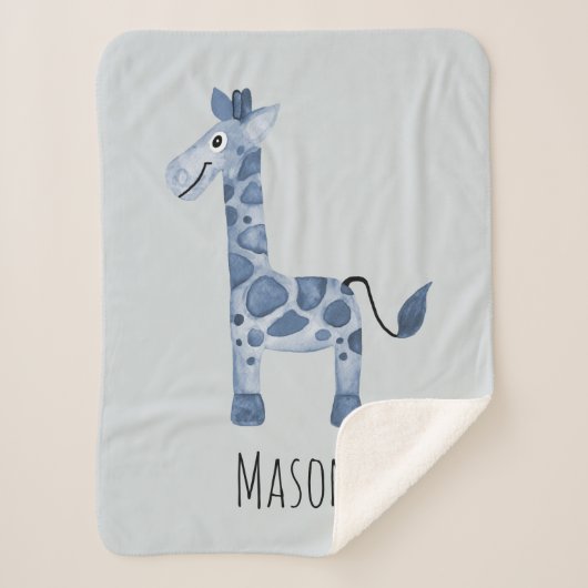Baby Boy's Cute Blue Safari Giraffe en naam Sherpa Deken (Voorkant)