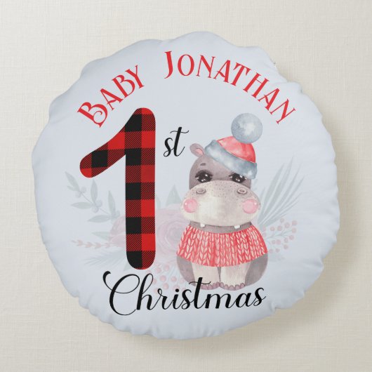 Baby Boy's Eerste Kerst Schattigee Hippo Naam Rond Kussen (Achterkant)