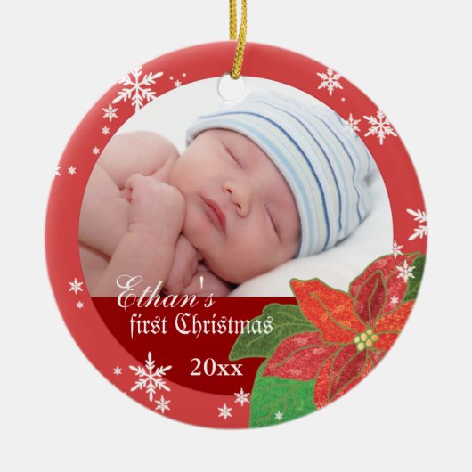 Baby Boy's eerste kerstcadeautje Fotoornament Keramisch Ornament (Voorkant)