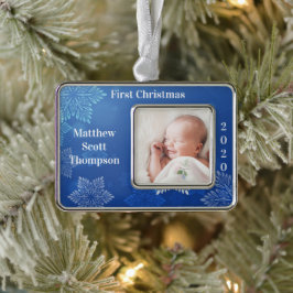Baby Boy's eerste kerstfoto Jaar Blauw Verzilverd Omlijst Ornament
