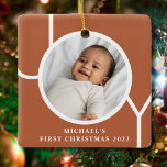 Baby Boy's eerste kerstfoto Terracotta Keramisch Ornament<br><div class="desc">Dit simpele Baby Boy's First Kerstfoto Ornament is versierd met het woord JOY op een terracotta achtergrond. Gemakkelijk aanpasbaar met uw foto,  naam,  en jaar.</div>