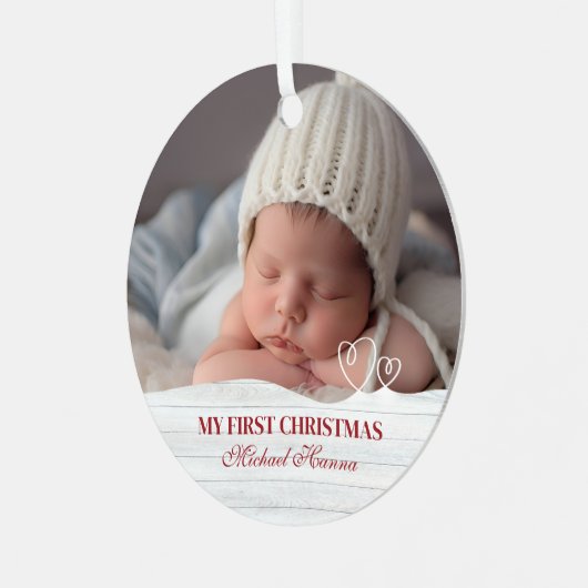 Baby Boy's Eerste Kerstgeboorte Stats & Foto Metalen Ornament (Voorkant links)