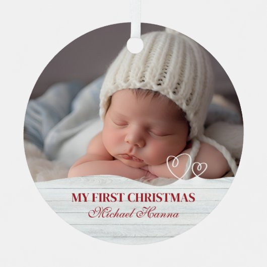 Baby Boy's Eerste Kerstgeboorte Stats & Foto Metalen Ornament (Voorkant)