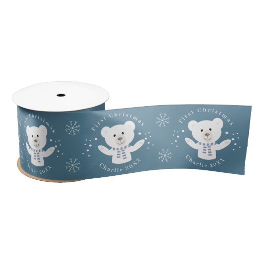 Baby Boys Eerste Kerstmis Polar Beer Blauw Satijnen Lint (Spoel)