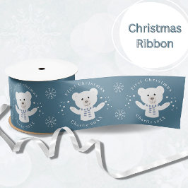 Baby Boys Eerste Kerstmis Polar Beer Blauw Satijnen Lint