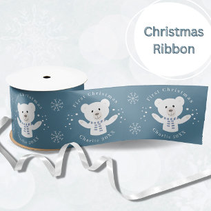 Baby Boys Eerste Kerstmis Polar Beer Blauw Satijnen Lint