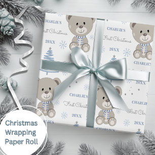 Baby Boys Eerste Kerstmis Teddy Bear Blauw Cadeaupapier