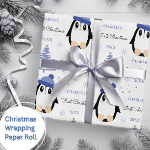 Baby Boys Eerste Kerstmis Winter Pinguïn Blauw Cadeaupapier