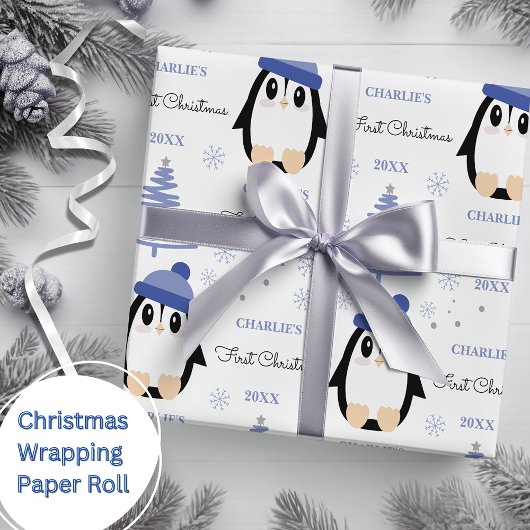Baby Boys Eerste Kerstmis Winter Pinguïn Blauw Cadeaupapier