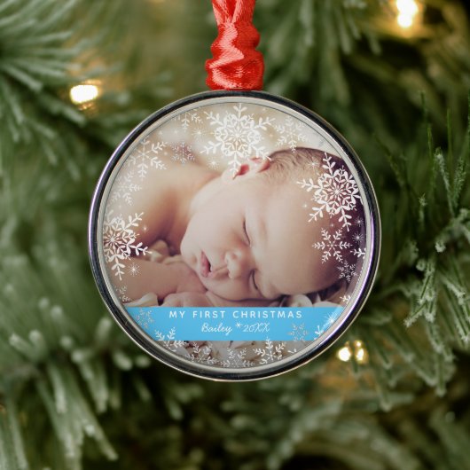 Baby Boy's eerste kerstsnowflakes Blue Silver Metalen Ornament (Boom)