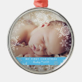 Baby Boy's eerste kerstsnowflakes Blue Silver Metalen Ornament (Voorkant)