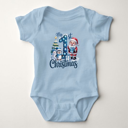 Baby Boy's First Christmas Blue Romper (Voorkant)