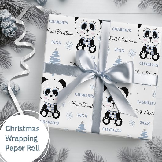Baby Boys First Christmas Panda Beer Blauw Cadeaupapier